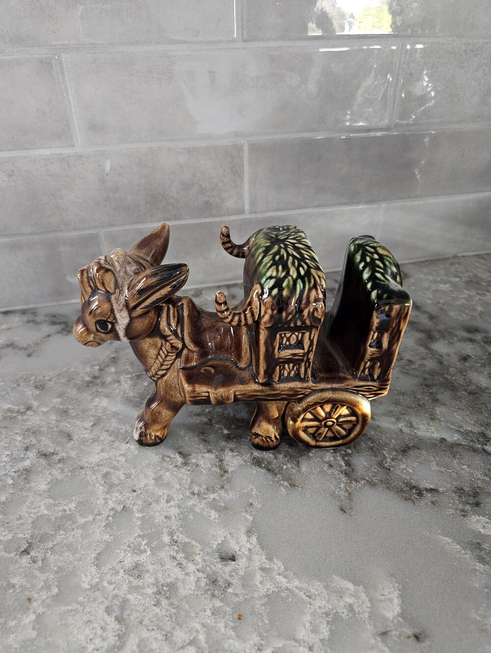 Vintage Donkey Cart Ceramic Napkin Holder Mail Letter Caddy Crazed Drip Glaze